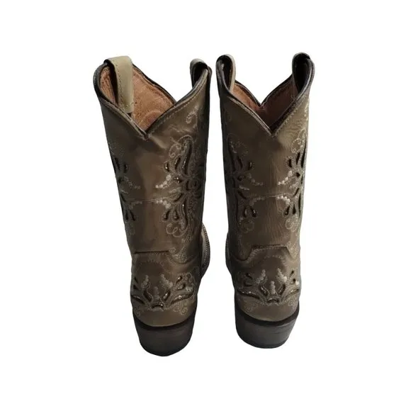 Tanner Mark Girls Pull-On Burnished Sand Butterfly Inlay Western Boots Sz US 12